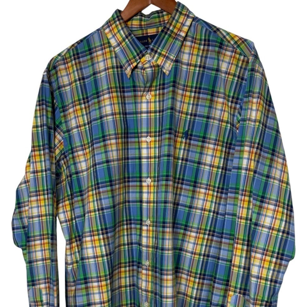 Polo Ralph Lauren Mens XL Slim Fit Plaid Button Down Shirt Blue Green RN41381